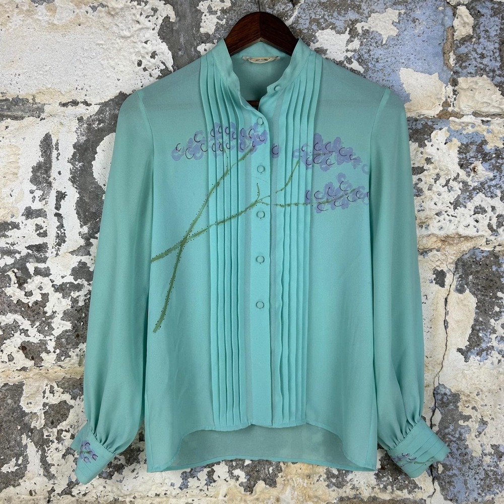 Lynn Stevens Vintage Mint Green Hand Painted Floral Pleated Chiffon Blouse